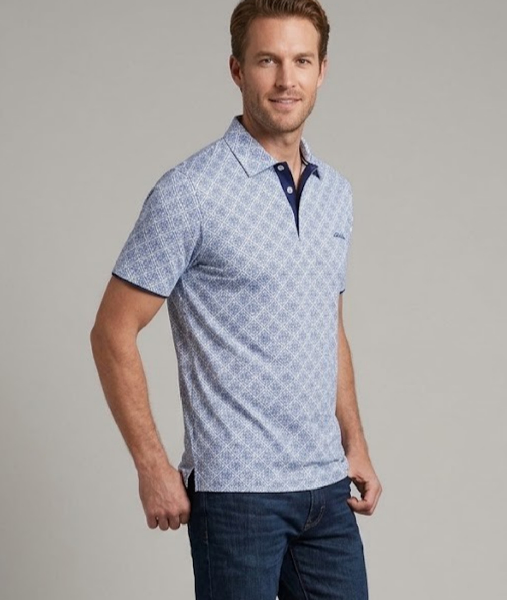 BUGATCHI Mens Polo Shirt Medium Blue White Geometric Short Sleeve Cotton Perform
